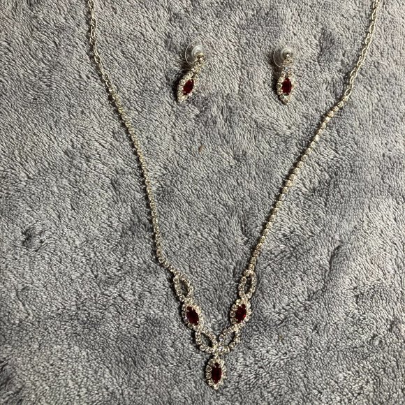 Faux Ruby and Diamond Necklace and Earrings - Picture 3 of 9